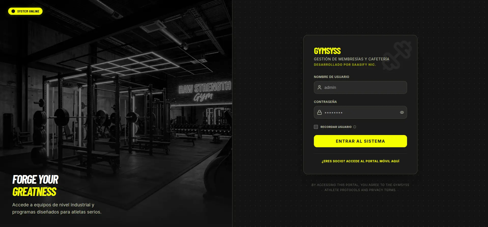 Pantalla de login de GymSYSS con branding de Saasify Nic