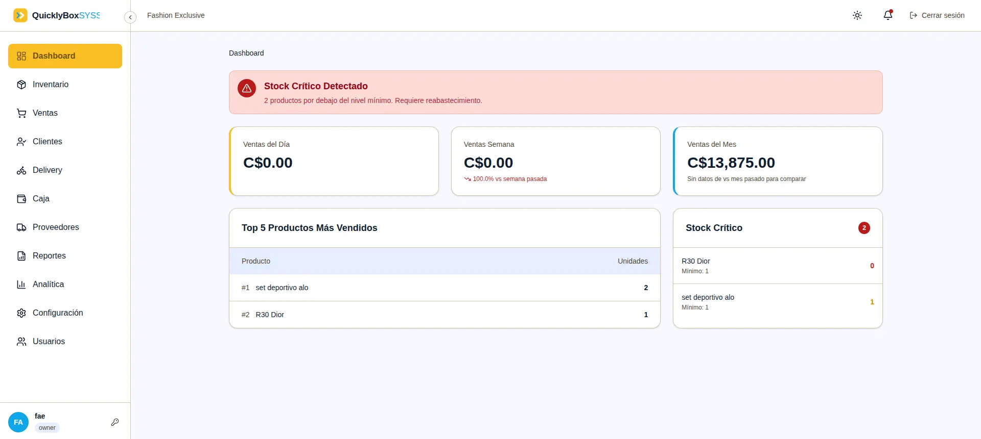 Dashboard de QuicklyBoxSYSS con KPIs y alerta de stock crítico
